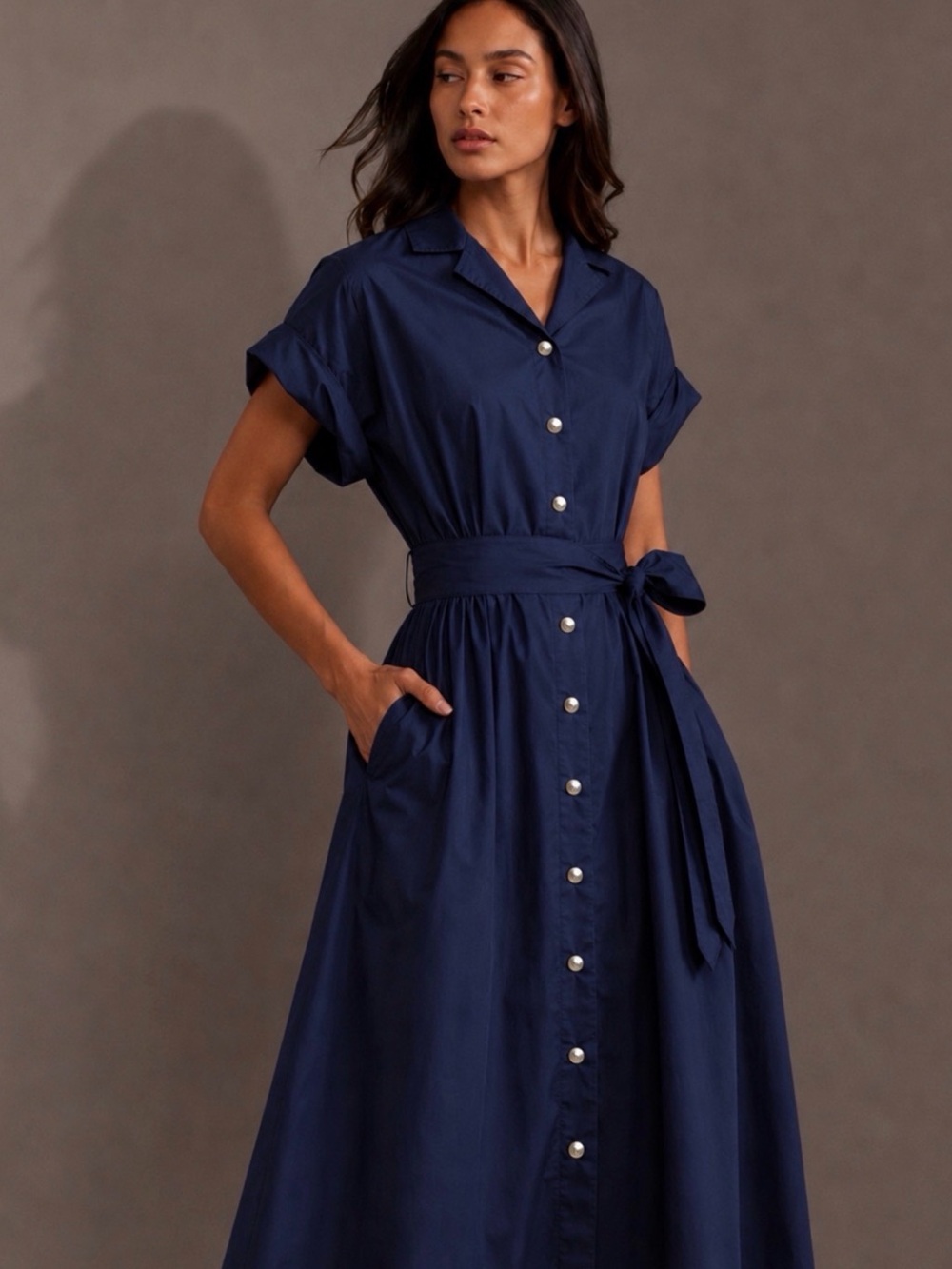 Anthropologie EN SAISON Avery Navy Belted Button Front Midi Dress XS